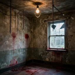 haunted asylum with blood on the walls and chains hanging from the ceiling with a broken light bulb, right side of the wall is a broken window with light emitting through, realistic, hdr, clear image, hdd, dynamic lighting, rtx on,