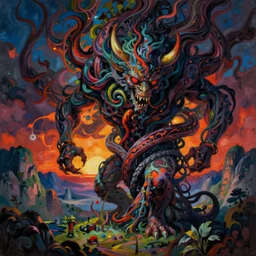 amazing intricate detailed painting. disturbing, twisted, dark, evil. vibrant colors