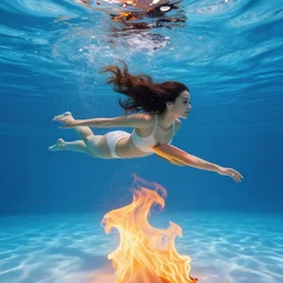 underwater view of a beautiful elegant woman swimming in a pool, flames of fire coming up from the bottom of the pool