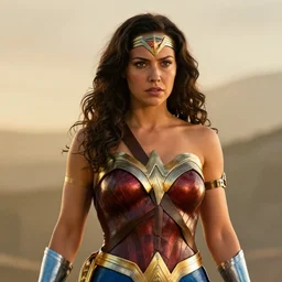 Alyson Hannigan as Wonder Woman, movie Still, 4k, cinematic lighting, golden hour,