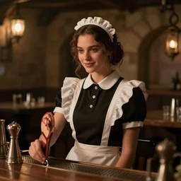 attractive bar maid in a medieval tavern at night, cinematic, filmic