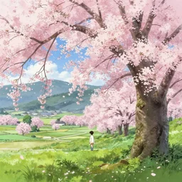 beautiful illustration of a landscape in a cherry blossom storm, japanese countryside, in the style of Katsuhiro Otomo and Takehito Harada and Yoshitaka Amano