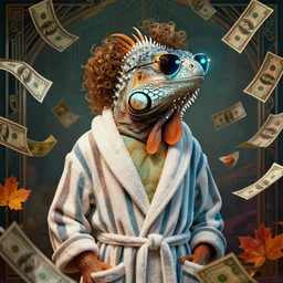 portrait, anthropomorphic iguana, striped bathrobe, curly hair, electric sunglasses, surrounded by floating autumn dollar bills, fantasy, detailed, intricate, luminescent, elegant, coherent, by mandy jurgens, hannah yata and kay sage, donato giancola, detailed, artstation, cinematic lighting, artdeco, art deco outrun aesthetic