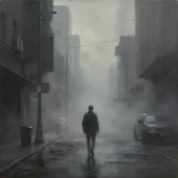 beautiful painting by jeremy mann, cyberpunk street, still from blade runner movie, desaturated, oil painting, perfect composition, detailed octane render trending on artstation, misty, volumetric fog, ominous, unsettling, 8 k artistic photography, volumetric cinematic perfect light