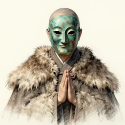 a monk in fur cloak with a bronze mask sketch