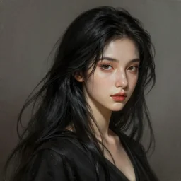 a beautiful girl with long black hair, fantasy, portrait, sharp focus, intricate, elegant, digital painting, artstation, matte, highly detailed, illustration, ambient lighting, art by Rossdraws, artgerm, Ilya Kuvshinov, and Greg Rutkowski