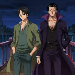 two young men, one man human, one man vampire, night, on a birdge, in the style of once piece