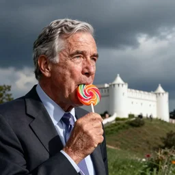 George W. Bush eating a lollipop, a historic white fortress in the background
