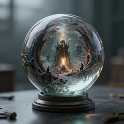 a detailed 8k photograph of a glass sphere with a Apocalyptic scene inside of it, sitting on a reflective table in a realistic style. vray, photorealism, Octane Render.