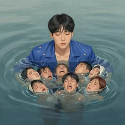 harmony blue jacket, tiny rainbow triangles, black haired yoongi, above water, ripples, six pack, crying, by wlop, james jean, victo ngai, muted colors, highly detailed, fantasy art by craig mullins, thomas kinkade