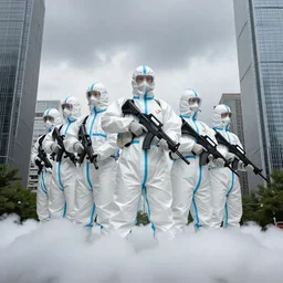 chinese soldiers in hazmat suits with grey skies carrying machine guns, cloud gate chicago