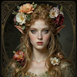 burlesque elf, flowers in hair, fantasy character portrait, ultra realistic, concept art, intricate details, art nouveau, cinematic, highly detailed by boris vallejo, chris achilleos, arthur rackham