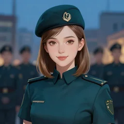 young woman with shoulder length light brown hair and hazel eyes dressed in a sharp dark teal military uniform and beret, smiling, blurred city background in twilight lighting, ilya kuvshinov, anime, greg rutkowski, guweiz, ross tran, svetlana tigai, artgerm, concept art, digital painting, painterly