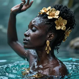hyperrealistic precisionist cinematic profile very beautiful! black oshun goddess, dancing in water!, mirror dripping droplet!, gold flowers, highly detailed face, digital art masterpiece, smooth eric zener cam de leon, dramatic pearlescent turquoise light on one side, low angle uhd 8 k, shallow depth of field