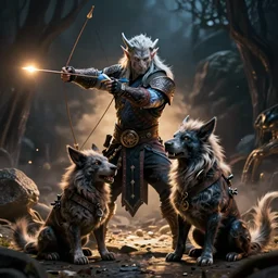 a night elf hunter casting arrows with sitting ravager pet dramatic lighting cinematic establishing shot extremely high detail foto realistic cinematic lighting post processed