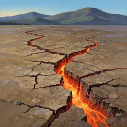 ground cracked open, fissures, magma glow, landscape painting by chuck jones makoto shinkai