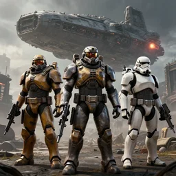 three enclave soldiers standing in the foreground, half - life combine, fallout enclave armor, wolfenstein, killzone, deathtrooper, huge spaceship