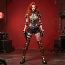 beautiful redhead cyborg steampunk girl stands in the dog pose in the red room
