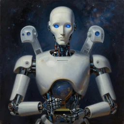 robot award winning saint close - up portrait symmetry desaturated tetrachromacy colors astral background tim hildebrandt wayne barlowe bruce pennington donato giancola larry elmore masterpiece trending on artstation cinematic composition beautiful lighting hyper detailed!!! 8 k oil on canvas