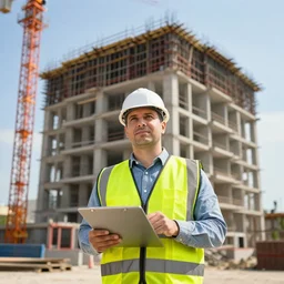 civil engineer in front of building under construction, photography, hdr