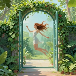 garden portal to another world, woman with floating hair, glass wall, gate, highly saturated colors, Dan Mumford, Peter Mohrbacher, thomas kindkade, alphonse mucha, loish, norman rockwell, johnny, Vincenzo Riccardi, Naranbaatar Ganbold greg rutkowski, trending on artstation, concept art