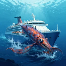 A giant squid destroying a cruise ship in the middle of the ocean, digital art