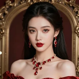 wonderful princess with smooth fair skin, alluring eyes, red jewelry, breathtaking, elegant, intricate, ornate backdrop, hyper detailed, accent lighting, 4 k glamour photography, octane render