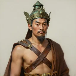 smart tai buddhist monk, closeup portrait, without beard and mustache, historical hero, ethnic group, tai costume, tai traditional bronze headdress, intricate, with leather armor cross on bare chest, elegant, loin cloth, highly detailed, oil painting, artstation, concept art, matte, sharp focus, illustration, hearthstone, art by earl norem