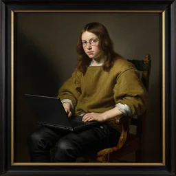 Rembrandt painting of a long haired teenager with glasses sitting on a chair, clothed with an olive colored sweater and a black jean, with a laptop on his lap. Baroque painting, ultra detailed, masterpiece, framed, las meninas style