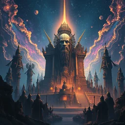 an digital painting of the ancient city surrounded by magic guardians, collosal sculpture of faceless god in the middle, lovecraft style, intricate details, detailed sky, detailed structures, starry night, artstation, epic scenery, colourful light, cinematic, by marco bucci and vasnetsov