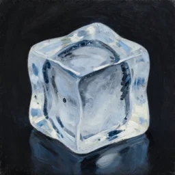 realistic oil painting of an ice cube in a black background