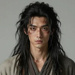 portrait of a 6 0 - year - old draconid man with long tangles of bushy black hair and scars on his face, wearing a simple robe, hyper realistic face, beautiful eyes, character art, art by mark brooks, hyperdetailed, cryengine, trending on artstation, digital art