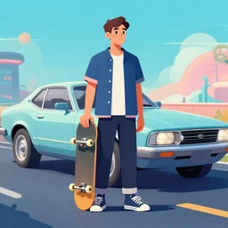 a man holding a skateboard standing in front of a car, concept art, featured on cgsociety, retrofuturism, outrun