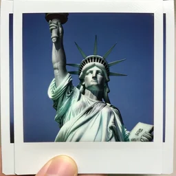 polaroid selfie photograph of a grey alien visiting the statue of liberty
