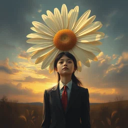 giant daisy flower above head, frontal, a girl in a suit, surreal photography, sunrise, dramatic light, impressionist painting, digital painting, artstation, simon stalenhag