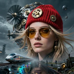 detailed face of a woman, clockwork, moment, tectonic sky, skydome, bullet train, turbines, utopian, tech noir, wet reflections, prism, atmospheric, ambient, pj crook, syd mead, livia prima, artgerm, greg rutkowski, nick alm, casey baugh, blonde, gold tinted sunglasses, red weave hat, windswept