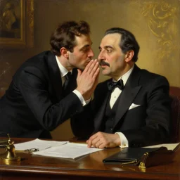beautiful oil matte portrait painting, man in a suit whsipering to a mafia boss sitting at his desk in his 5 0 s style office, wonderful masterpiece highly detailed, beautiful cinematic light deep focus, elegant, digital painting, smooth, sharp focus, golden ratio, dramatic illumination, ultra realistic, 8 k, art by artemisia lomi gentileschi and caravaggio