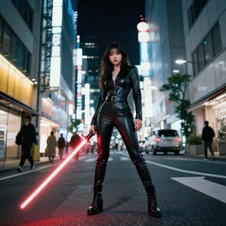 wide angle photo of a girl in tight leather clothes holding a red lightsaber in tokyo street, night, cinematic