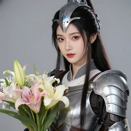 closeup portrait of a beautiful mysterious amouranth warrior wearing an armour costume and helmet, holding a bouquet of flowing flowers from below, hands disappeared under the bouquet of flowers, profile view, fantasy, regal, intricate, by ren hang, martine johanna, tran nguyen