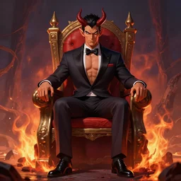 A Male Devil sits on a throne and wears a swimming tuxedo , hell, landscape, fire, environment, Artstation