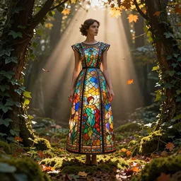 woman wearing a stained glass dress, autumn, volumetric lighting, god rays, global illumination, sci-fi, ivy, moss, trending on artstation, concept art by Greg Rutkowski and Sebastian Luca and Moebius