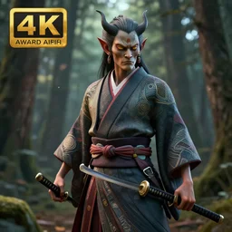 a beautiful 3 d render of a giesha demon wearing a kimono + holding a samurai sword, innovative avant - garde art, deco fashion, photorealistic + in a serene forest setting!!!!!!!, concept art, award winning, 4 k, rule of thirds, volumetric lighting, hyper detailed, confident, moody, dramatic, octane render