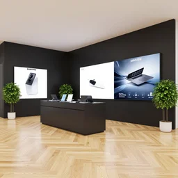 hyperdetailed samsung store, oak parquet, black walls, digital walls, plants. octane render.