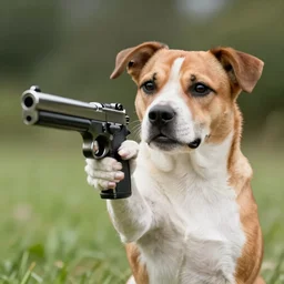a dog holding a gun