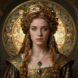 beautiful young medieval queen by magali villeneuve, iris van herpen, jean delville, art nouveau, visionary, symbolist, detailed face portrait octane render, ornate garments, beautifully lit
