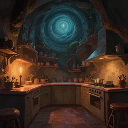 weird perspective, cel shading, epic detailed illustration of a kitchen dim lit by 1 candle in a scenic spiral environment by anton fadeev from lorax movie, trending artstation