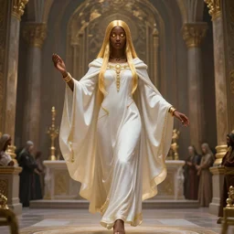 Full portrait of a single Cleric Lady, pearl white robes with golden details, beautiful, detailed face, dark brown skin, supernatural golden eyes, golden straight hair, bracelets, floating, spellcasting, Temple interior with an altar and followers at the filled background, highly detailed, high fantasy, dnd, d&d, dungeons and dragons, smooth, sharp focus, no extra characters, digital illustration, by Krenz Cushart and Artem Demura and alphonse mucha, artstation, HD, 4K, midjourney