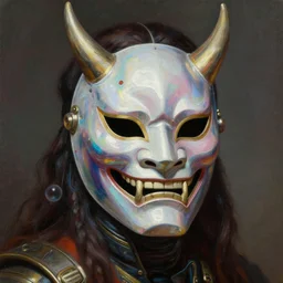 baroque neoclassicist close - up portrait of a neofuturistic cyberpunk warrior wearing an iridescent oni mask. highly detailed science fiction painting by norman rockwell, frank frazetta, and syd mead. rich colors, high contrast, gloomy atmosphere. trending on artstation and behance.