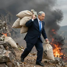 Benjamin Netanyahu carrying sacks of money up a mountain in hell, by Michael Cheval