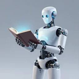 robotic humanoid with chains holding forth a glowing book